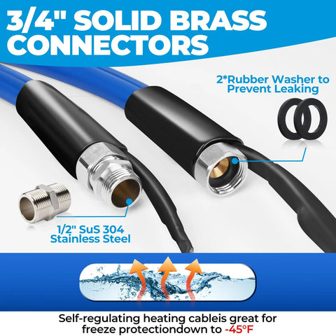 30ft heated RV water hose with 3/4in solid brass connectors, stainless steel 1/2in fitting, self-regulating heating cable