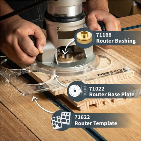 Router Guide Bushing Five Eighths Inch Solid Brass Short Shank For Precision Dovetail Routing installed on router with template and base plate