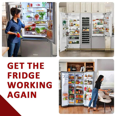 Three refrigerators fully stocked with food, text saying 'Get the Fridge Working Again'. Refrigerator Start Relay And Capacitor Kit For Embraco QD TSD2 Compressor Compatible With Whirlpool Kenmore Models W10189190 W10662129 241941003 2319792 2255198 2264017.