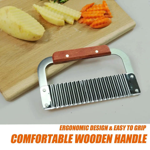 2 Pack Crinkle Cutter For Veggies With Stainless Steel Wavy Blade And Wooden Handle on kitchen board with sliced vegetables