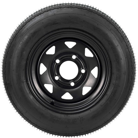 Front view of a Pair Of 4.80-12 Trailer Tires On 12 X 4 Rim, 5 Lug On 4.5 Inch Bolt Pattern, Load Range C 6PR, M Speed Rating, 990 Lb Capacity Per Tire