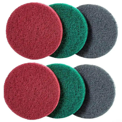 6 pack of 5 Inch Nylon Scouring Pads Set for Drill Powered Buffers and Polishers, available in green, red, and grey.