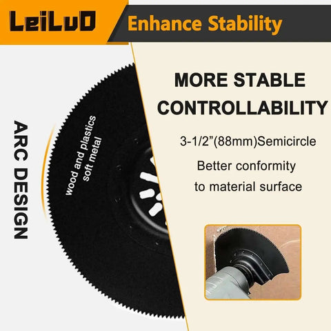 158-Piece Oscillating Tool Blade Kit With Sandpaper And Storage Bag For Quick Cuts And Smooth Sanding, featuring a semicircle blade for wood and soft metal.