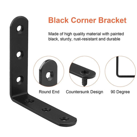 Black corner bracket with round end and countersunk holes, 3mm thick for Beefy Heavy Duty 4x4 L Brackets Set For Wood Furniture Shelves Bed Frames Cabinets And Drawers Cast Iron Corner Braces With 6 Mount Holes 3mm Thick Black Finish Built To Stand Up For DIY Projects.