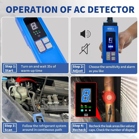 Advanced HVAC Leak Detector for Halogen Gas Leaks and Freon Alarm LCD Display with three sensitivity modes and use instructions.