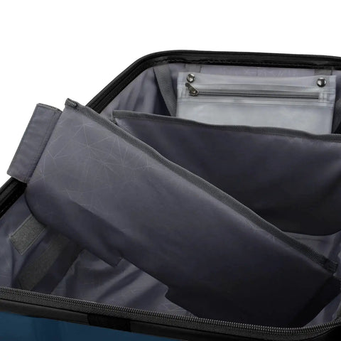 Ultimax II 26 Inch Medium Trunk Spinner Luggage interior with tie down straps and pocket, matte navy polycarbonate, TSA lock, Travelers Choice