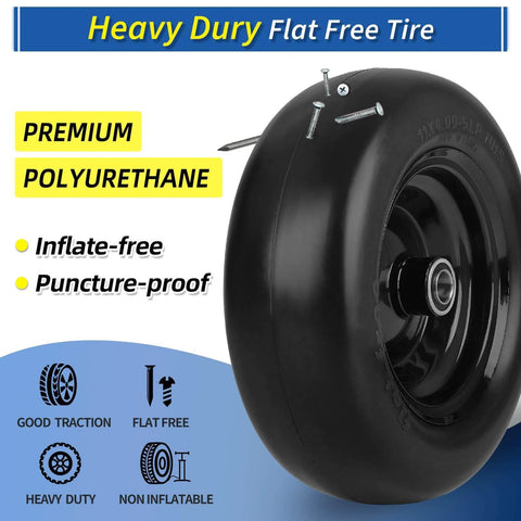 11x4.00-5 Flat Free Lawn Mower Tire And Wheel With Bearing Bore 3/4 Inch Or 5/8 Inch, Smooth Tread, Heavy Duty Puncture-Proof