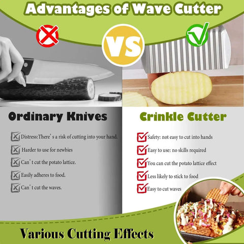 Comparison of ordinary knives and crinkle cutter with benefits for Crinkle Cut Kitchen Cutter For Restaurant Style Fries And Waffle Fries Stainless Steel With Comfortable Handle From FANTEXY Pro Veggie Chopper For Potatoes Carrots Cucumbers