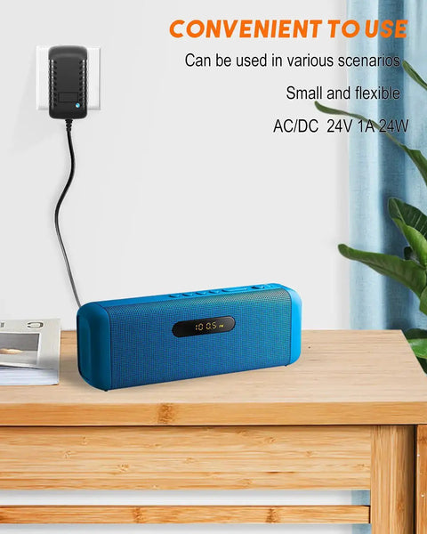 24V 1A Power Supply Adapter 100-240V AC To DC 24V 1A 24W Converter with 5.5mm X 2.5mm Plug charging a device on table.