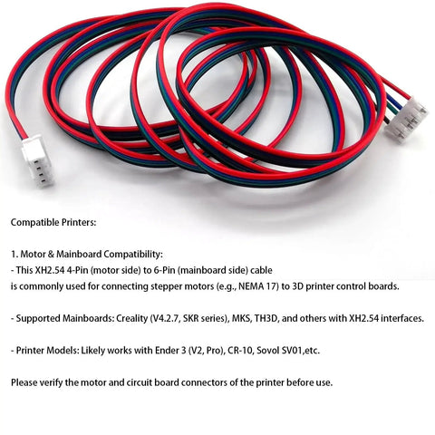 Three Pack 1.5M Stepper Motor Cables XH2.54 4Pin To 6Pin For 3D Printers Nema 17 Ender 3 displayed with connectors