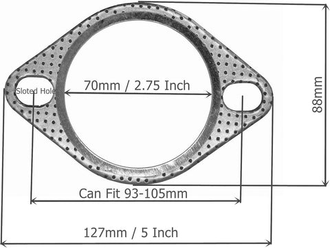 Exhaust flange gasket, 2-bolt, 70mm bore, graphite; slotted bolt holes; fits 93–105mm, overall 127mm.