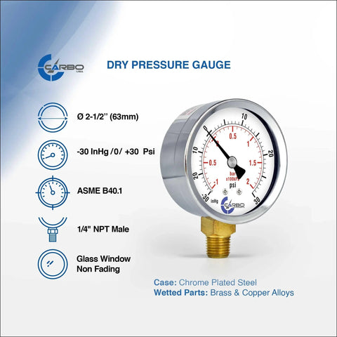 2-1/2 Inch Dry Dial Pressure Gauge With Chrome Plated Steel Case For Vacuum To -30 Hg And 0-30 Psi Lower Mount 1 Quarter Inch NPT