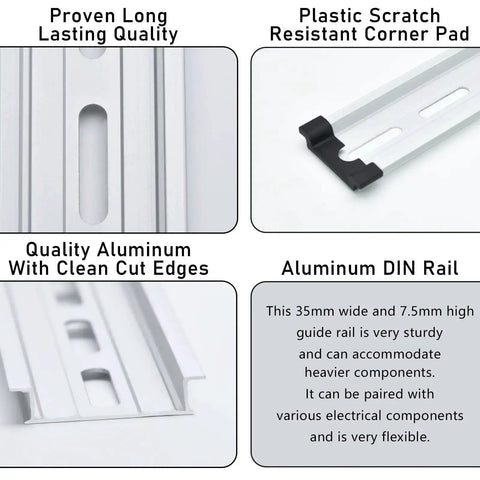 Heavy Duty Aluminum DIN Rail Slotted 35mm Wide 7.5mm High 8 Inch Long Universal Mount Kit with close-ups of quality and features