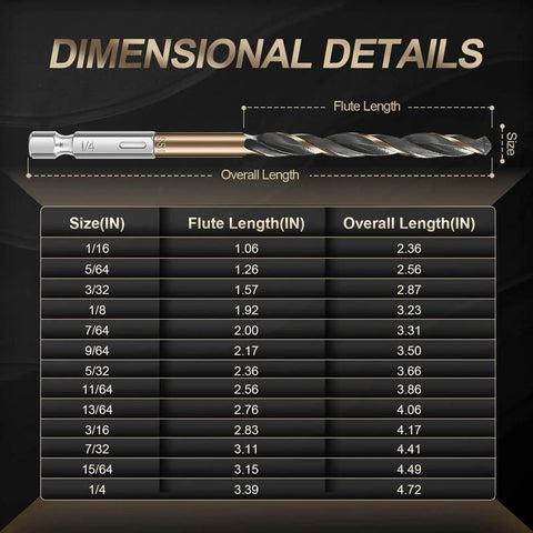Dimensional details of 13pcs Hex Shank Drill Bit Set, Professional HSS Nitriding Twist Drill Bits in black and gold coating.