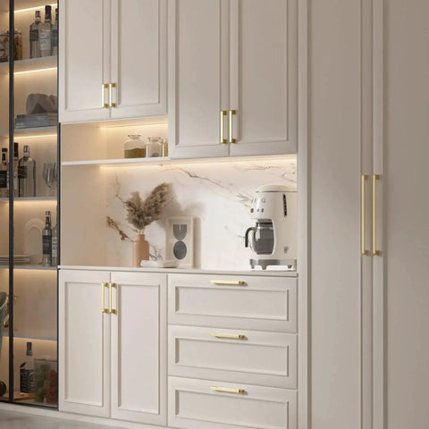 Kitchen cabinets with 10 Pack 8 Inch Brushed Brass Cabinet Pulls Solid Zinc Alloy Handles For Kitchen Cabinets And Drawers installed.