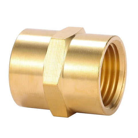 Side view of Two Pack Brass NPT Female Coupler for connecting two pipes of equal diameter three quarter inch ID, corrosion-resistant.