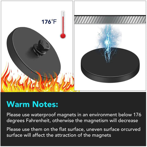 Front and installed views of 4-pack rubber-coated mounting magnets with M5 studs (1.69 in); black neodymium discs.