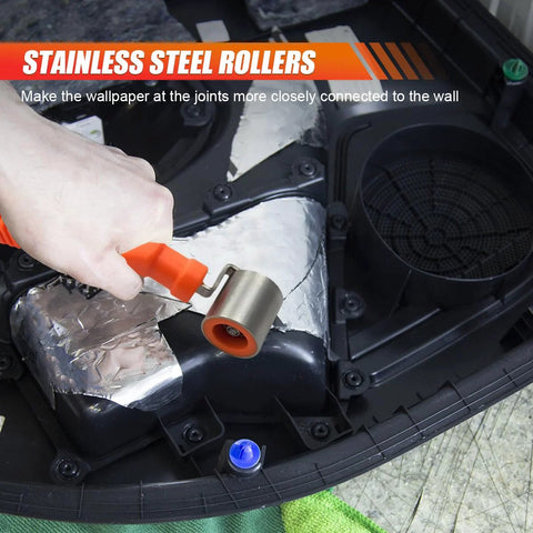 Car audio sound deadening stainless steel wheel roller with orange anti-slip handle for smoothing insulation mats