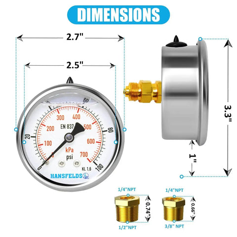 Zero To 100 PSI Liquid Filled Pressure Gauge With A 2.5 Inch Dial And Stainless Steel Back Mount dimensions and NPT reducers shown.