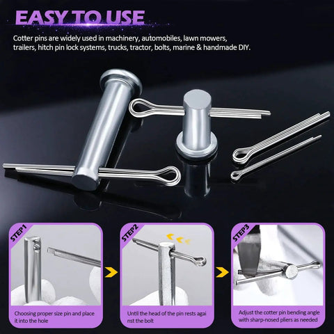 140Pcs Cotter Pin Assortment Kit With 6 Sizes M1.6x25mm M2.5x25mm M2.5x30mm M3.2x30mm M3.2x40mm M4x60mm Heavy Duty 304 Stainless Steel Hairpin Split Pin Fasteners For Machinery Automotive And DIY Projects displayed on a black background with installation steps.