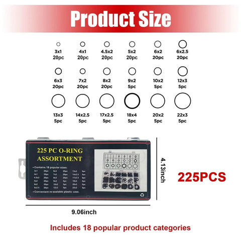 Image of 225 Piece O Ring Assortment Kit For Gasket Seals And Plumbing, featuring 18 sizes of NBR rubber O-rings with dimensions chart.