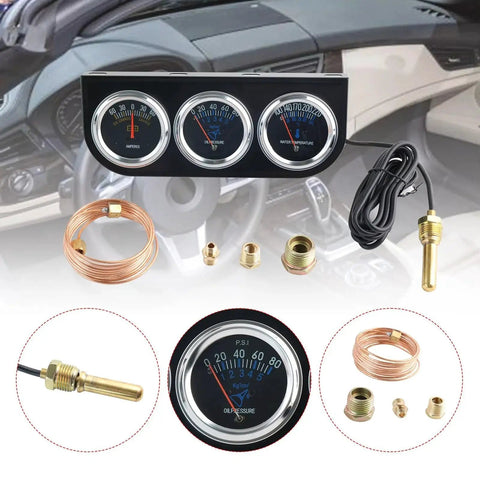 Triple Gauge Kit 2 Inch Chrome Mechanical 3 In 1 Amp Meter Oil Pressure Gauge And Water Temperature Gauge for Cars and Boats