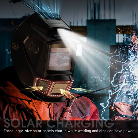 Auto Darkening Welding Helmet With Built In Fan And LED Light, Solar Powered Welder Mask With Four Arc Sensors in use