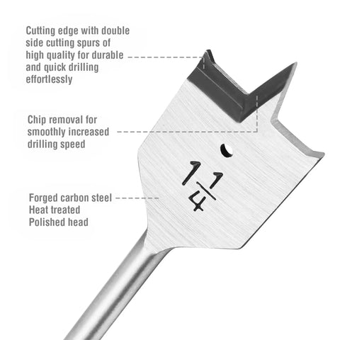 Close-up of a spade bit from the 13 Piece Spade Drill Bit Set For Woodworking With SAE Sizes, showing double side spurs and polished head.