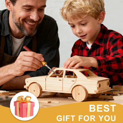 Father and son building a wooden car model with tools, labeled 'Best Gift for You', gift icon displayed.