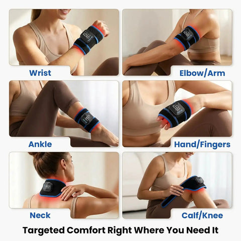 Infrared Heated Wrist Wrap With Vibration Massage For Carpal Tunnel And Arthritis shown on wrist, elbow, ankle, neck, and calf