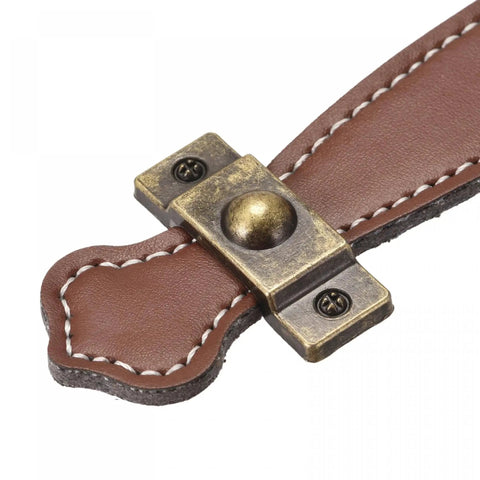 Close-up of a brown leather drawer pull with aluminum alloy construction and rust resistant finish, part of Leather Drawer Pulls Set of 2