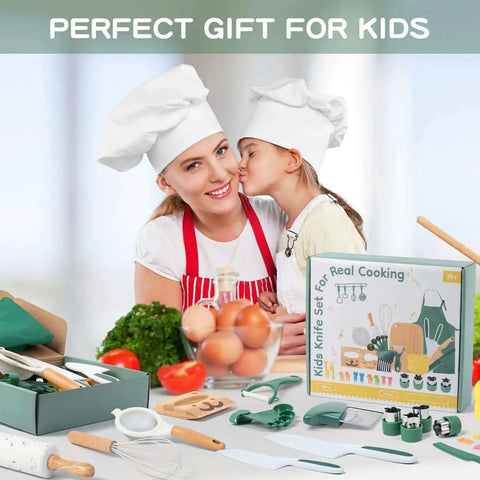 20 Piece Kids Safe Knife Set For Real Cooking with box, utensils, apron, and two children wearing chef hats in a kitchen setting.