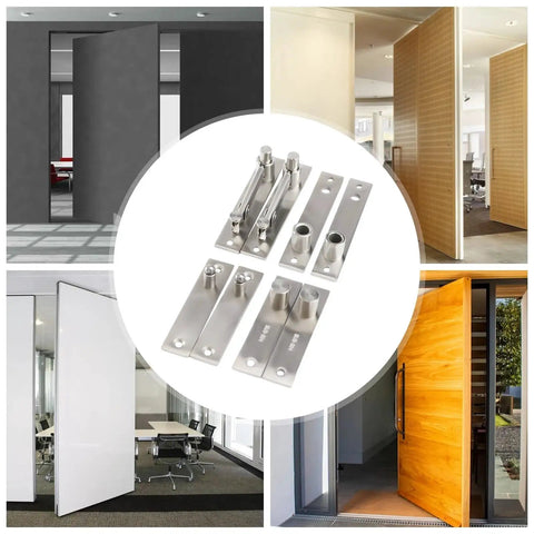 Set Of Four Low Noise Door Pivot Hinges For Hidden Bookcase Doors Built Tough With Stainless Steel Invisible Hardware 360 Degree Shaft Seamless Look And Smooth Operation For Interior And Exterior Doors showcasing installation examples.