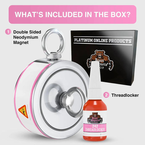 2000 LB Double Sided Neodymium Fishing Magnet With Threadlocker For Treasures, showing magnet, threadlocker, and packaging