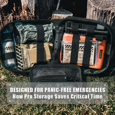 Tactical IFAK Trauma Kit With CAT Tourniquet for Wound Care in open black MOLLE pouch displaying medical supplies outdoors for emergencies