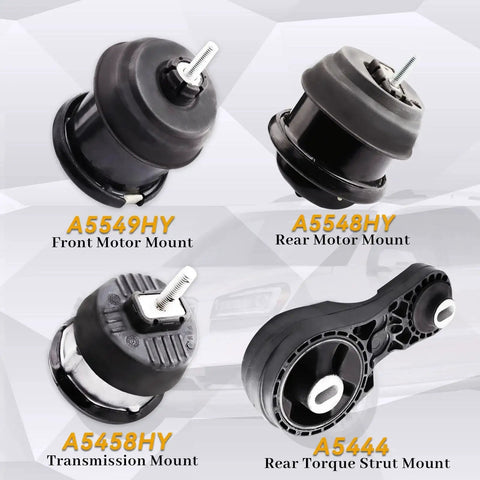 Four Piece Direct Fit Engine And Transmission Mount Kit For 3.6L V6 SUVs Including 2009 To 2017 Chevrolet Traverse, 2009 To 2016 GMC Acadia, Buick Enclave, And Saturn Outlook Replacement Replaces A5458 A5549 A5548 A5444 showing front, rear mounts, torque strut.