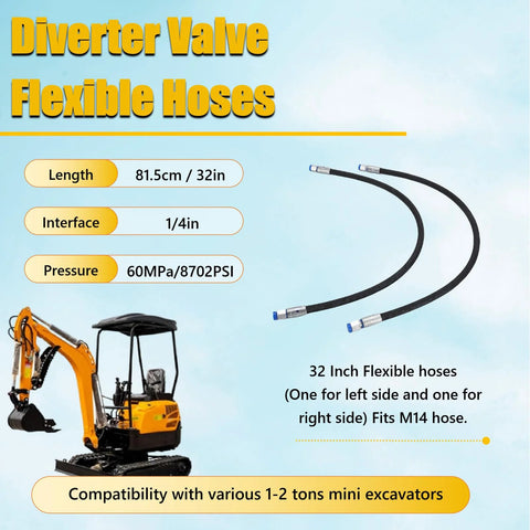 2-pack diverter valve hoses for mini excavators, 32-inch, black hydraulic hoses with 1/4in interfaces, M14 compatible, 60 MPa