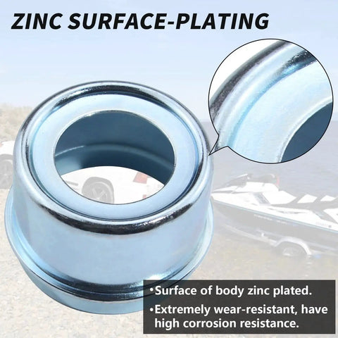 4 Pack 1.98 Inch Trailer Hub Caps With Eight Rubber Plugs And Four Spare Seals Bolted Metal Wheel Bearing Dust Caps, zinc-plated close-up