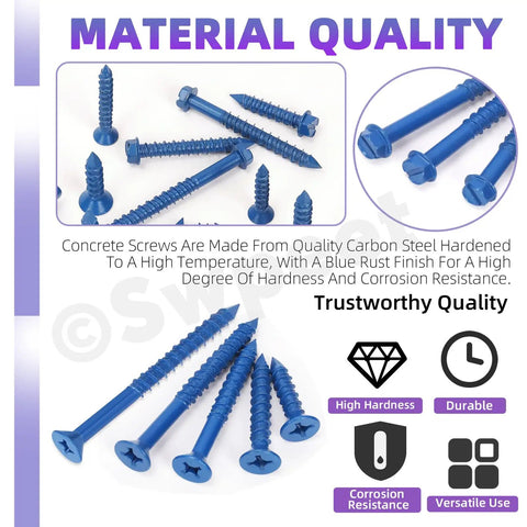 52 Piece Concrete Screw Anchor Kit With Drill Bit And Screwdriver Bit Swpeet Included, 50 Flat Head Concrete Anchors 1 Quarter Inch Diameter By Three And A Quarter Inch Length For Masonry Block Brick Stucco, Self Tapping Cement Screws displayed with material quality features.