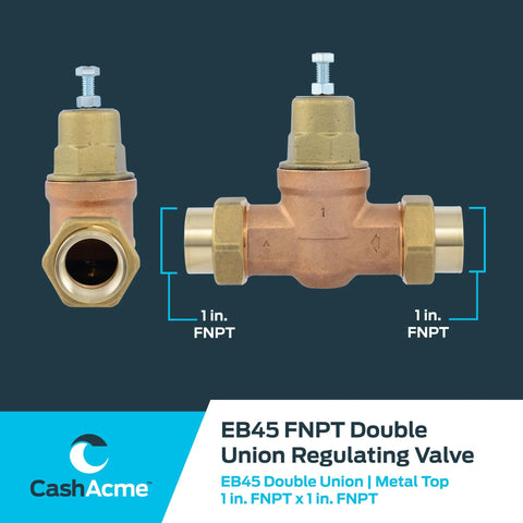 CashAcme EB45 double union pressure regulating valve, 1 in FNPT inlet, copper body, metal top

CashAcme EB45 double union pressure regulating valve, 1 in FNPT outlet, copper body, metal top