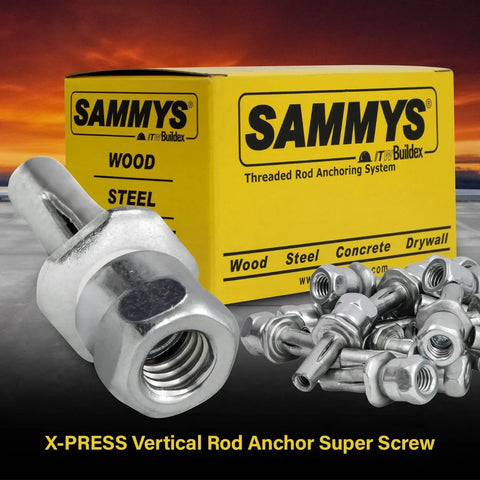 Sammys 8153922 XP Three Eighths Inch Screw Vertical Expandable Threaded Rod Anchor box and screws display
