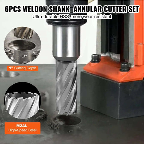 Premium Magnetic Drill Annular Cutter Set With Six Pieces Weldon Shank Bits for 1 Inch Cutting Depth Made from M2AL High Speed Steel