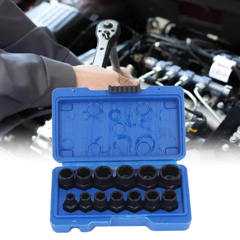 Beefy 13 Piece Impact Nut And Bolt Removal Kit with chrome molybdenum steel sockets set for rusted stripped damaged fasteners
