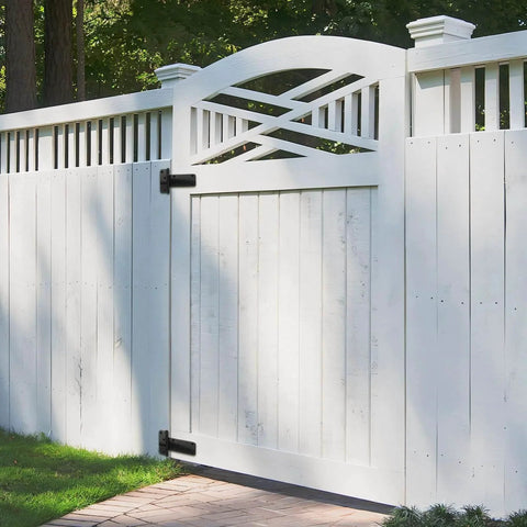 White wooden gate with installed 5 Inch T Strap Heavy Duty Gate Hinges 260 Lb Capacity 4 Pack Black Wrought Iron Screws Included For Barn Doors