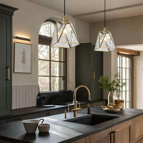 Copper Brass Pendant Light With Water Ripple Glass Lampshade, 10.2 Inch Geometric Pendant Lighting installed over kitchen island