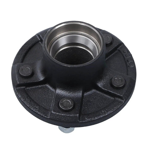 Close-up of Trailer Hub Kit 5 On 4.75 Inch for 3500 lb axles, iron construction. Replacement for RV, boat, and utility trailers.