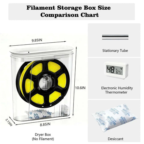 Size comparison chart of Moisture-Proof 3D Printing Filament Dryer Box with built-in desiccant, stationary tube, and humidity gauge.