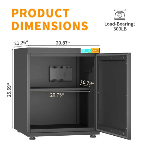 Open view of Dehumidifying 3D Printer Cabinet With 180L Storage For Up To 40 Filament Rolls, showing dimensions and load-bearing capacity.