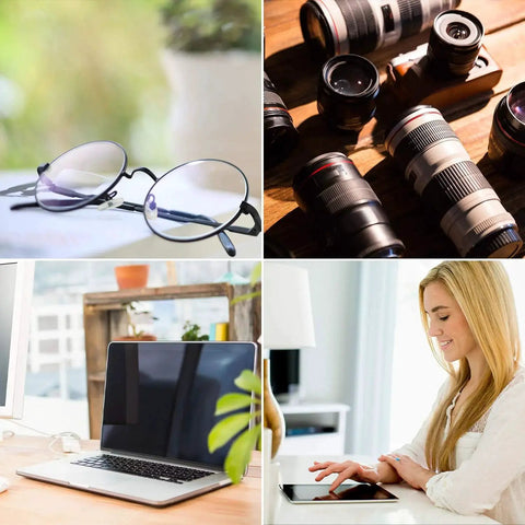 Collage of glasses, camera lenses, laptop, and person using a tablet, highlighting uses for Streak Free Monitor Cleaning Wipes For Electronics Screens And Glasses.
