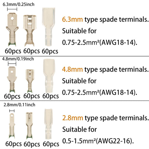 Three-size spade terminals kit with insulating sleeves: 6.3mm, 4.8mm and 2.8mm, 60pcs each for crimp electrical wiring.